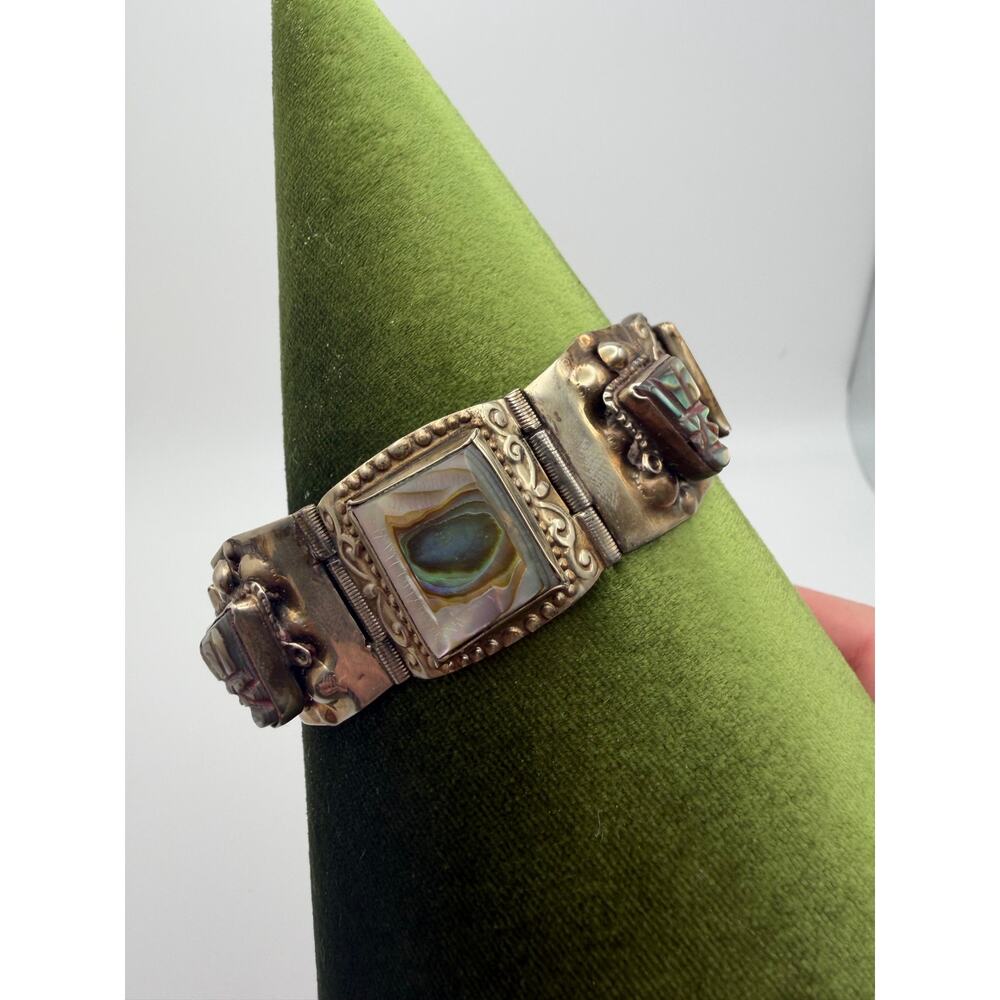 Vintage 1950"s Alpaca Hecho en Mexico Taxco abalone Panel Link Bracelet - Picture 2 of 7
